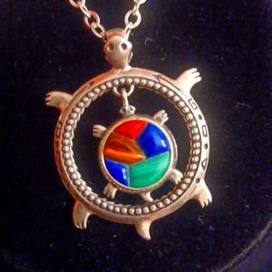 Beautiful and very unique two-sided sterling silver turtle pendant with chain